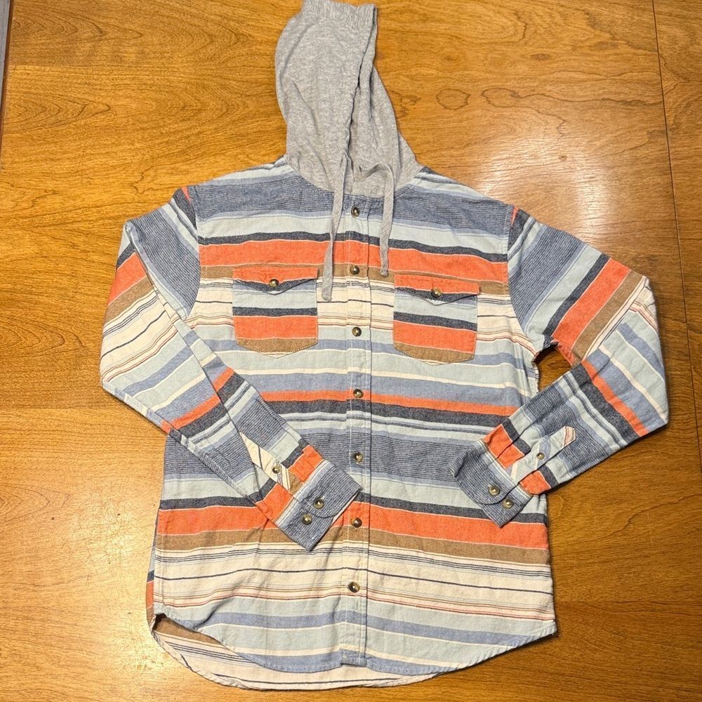 RSQ Gray and Blue Striped Hooded Shirt